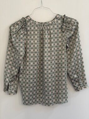 LOFT Green Geometric Print Blouse Ruffle Shoulder 3/4 Sleeve Size Small